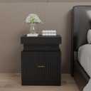 Wooden Nightstand with Charging Station & LED Lights, Modern Fluted Bedside Table with Sliding Top & Drawers for Bedroom & Living Room, Black, 17.7 inches x 15.7 inches x 22 inches
