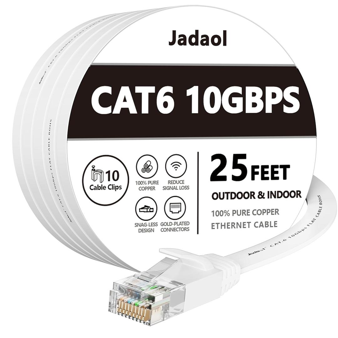 Jadaol Cat 6 Ethernet Cable 25 ft, Outdoor & Indoor 10Gbps Support Cat8 Cat7 Network, Flat RJ45 Internet LAN Computer Patch Cable for Router, Modem, Switch, Gaming Consoles, Streaming Devices, White