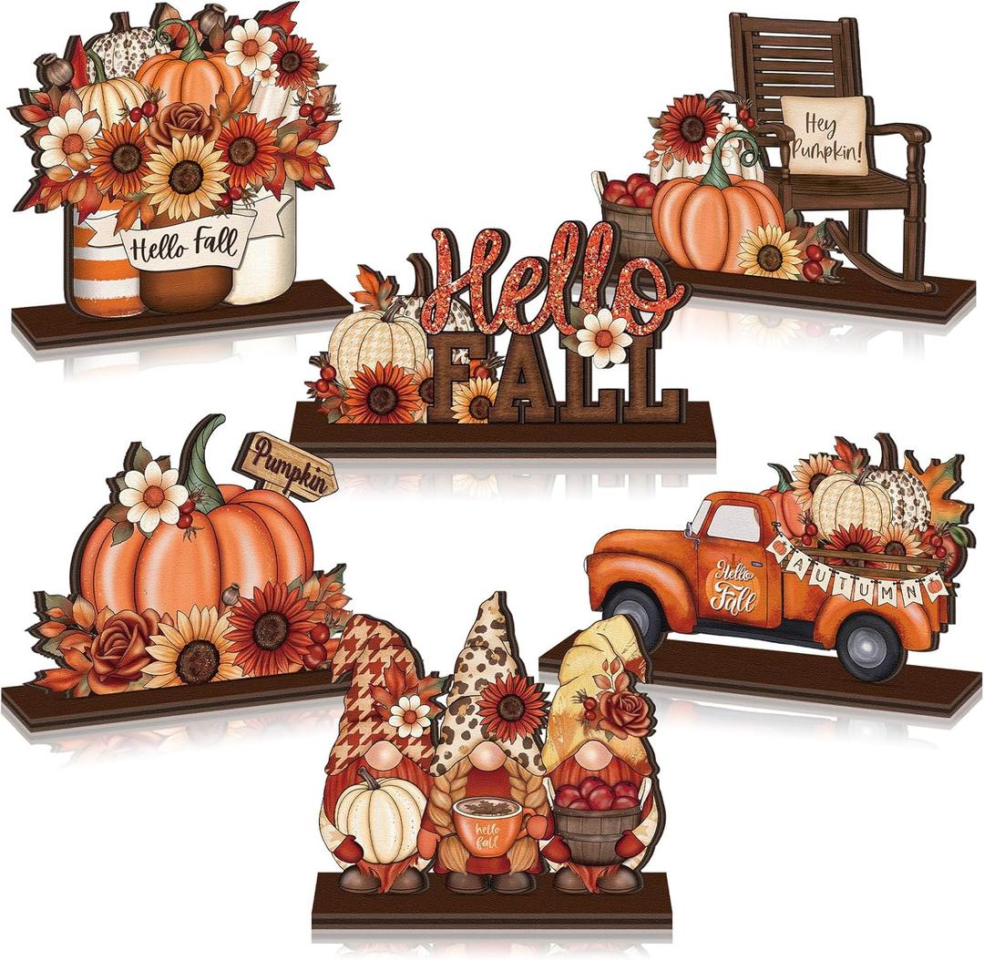 6 Pcs Thanksgiving Wooden Table Decorations Autumn Wood Tabletop Sign Centerpiece Rustic Decorations for Office Desk Farmhouse Home Kitchen Tiered Tray Decor Shelves Table Decorative