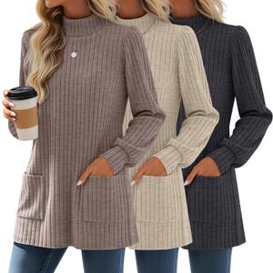 3 Pack Women's Long Sleeve Mock Neck Sweaters, Ribbed Knit Long Tops Turtleneck Loose Fit Tunic Shirt with Pockets (Large, Coffee, Apricot, Charcoal Gray)