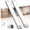 Under Cabinet Kitchen Lights, Motion Sensor Dimmable 30cm 2200mAh 6500K LED Under Counter Rechargeable Wardrobe Indoor Night Lights for Kitchen Shelf Stairs Closet 2 Pack (11.8 inch, Silver)