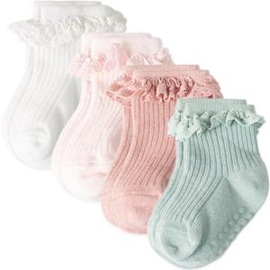 AQOKKA Baby Girl Toddlers Socks with Non-slip Grip Cute Frilly Ruffle Ankle Soft Cotton Newborn Baby Socks for Infant Kids, Size: 0-6 Months