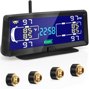 Hieha Tire Pressure Monitoring System, 7.84” Wireless Solar Rv TPMS with 4 Sensors for Travel Trailer Truck Fifth Wheel Motorhome, Real-time Monitoring Pressure and Temperature(0~198 PSI)