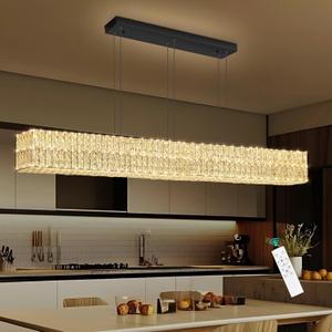 Rectangular Crystal Chandelier Dimmable LED Linear Chandeliers for Dining Room Remote Ceiling Pendants Light Fixture for Kitchen Island Black, Long 59"