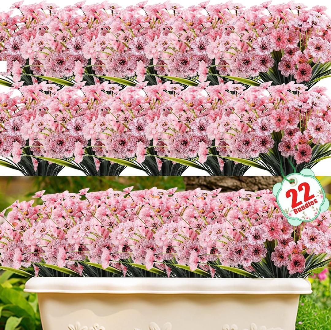 22 Pack Artificial Flowers Outdoor Fake Plants, Faux Flowers UV Resistant with Plastic Plants, Faux Silk Flowers for Outdoors Outside Front Porch Hanging Planter Window Box Garden Decoration(Pink)