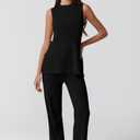 QINSEN Lounge Sets for Women Two Piece Outfits Knit Sleeveless Vented Hemline Tops Wide Leg Pants Sweater Sets (Black, L)