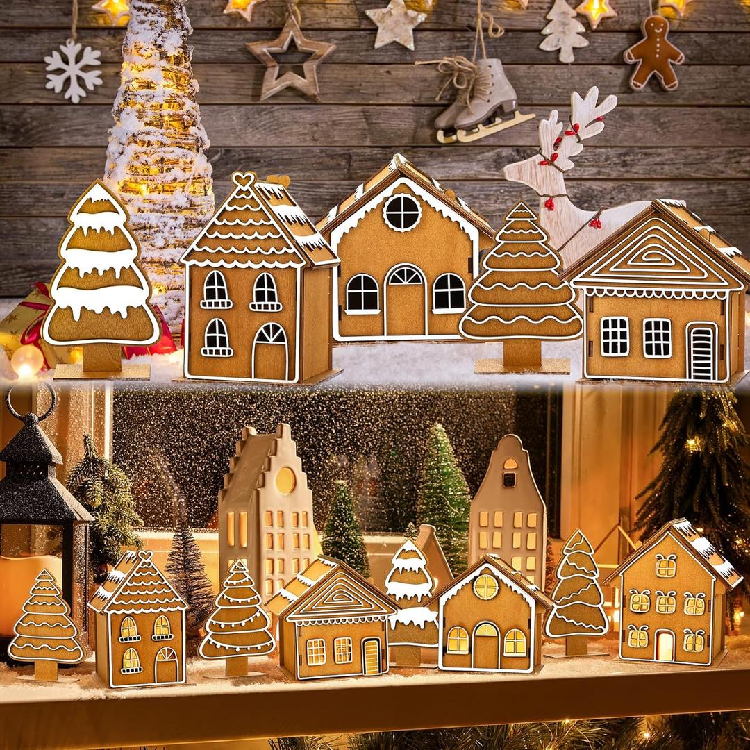 Sumind 8 Pcs 3D Christmas Gingerbread House Tabletop Decorations Wooden Gingerbread Village Table Centerpiece Farmhouse Tiered Tray for Xmas Home Table Mantel Shelf Indoor Decor