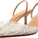 YIYA Women's Clear Slingback Heels with Pearl Studded Pointed Toe Kitten Mid Heels Sparkly Rhinestone Slip On Wedding Party Shoes (8, Beige)