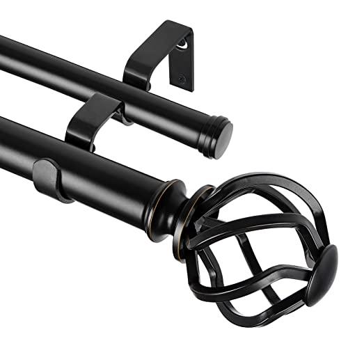 KAMANINA 1 Inch Double Curtain Rods 36 to 72 Inches (3-6 Feet) Window Telescoping Drapery Rod, Black Heavy Duty Curtain Rods for Windows, Twisted Cage Finials