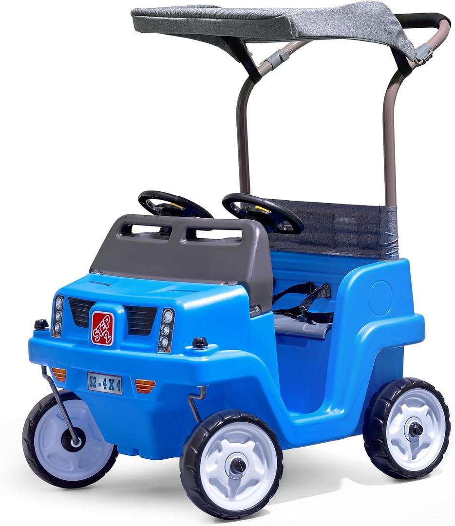Step2 Side-by-Side Push Around SUV, 2-Seater Kids Push Car with Seat Belts, Dual Steering Wheels & Horns, Adjustable Canopy, Ages 18 months5 years, Max 100 lbs., Durable Plastic, Blue