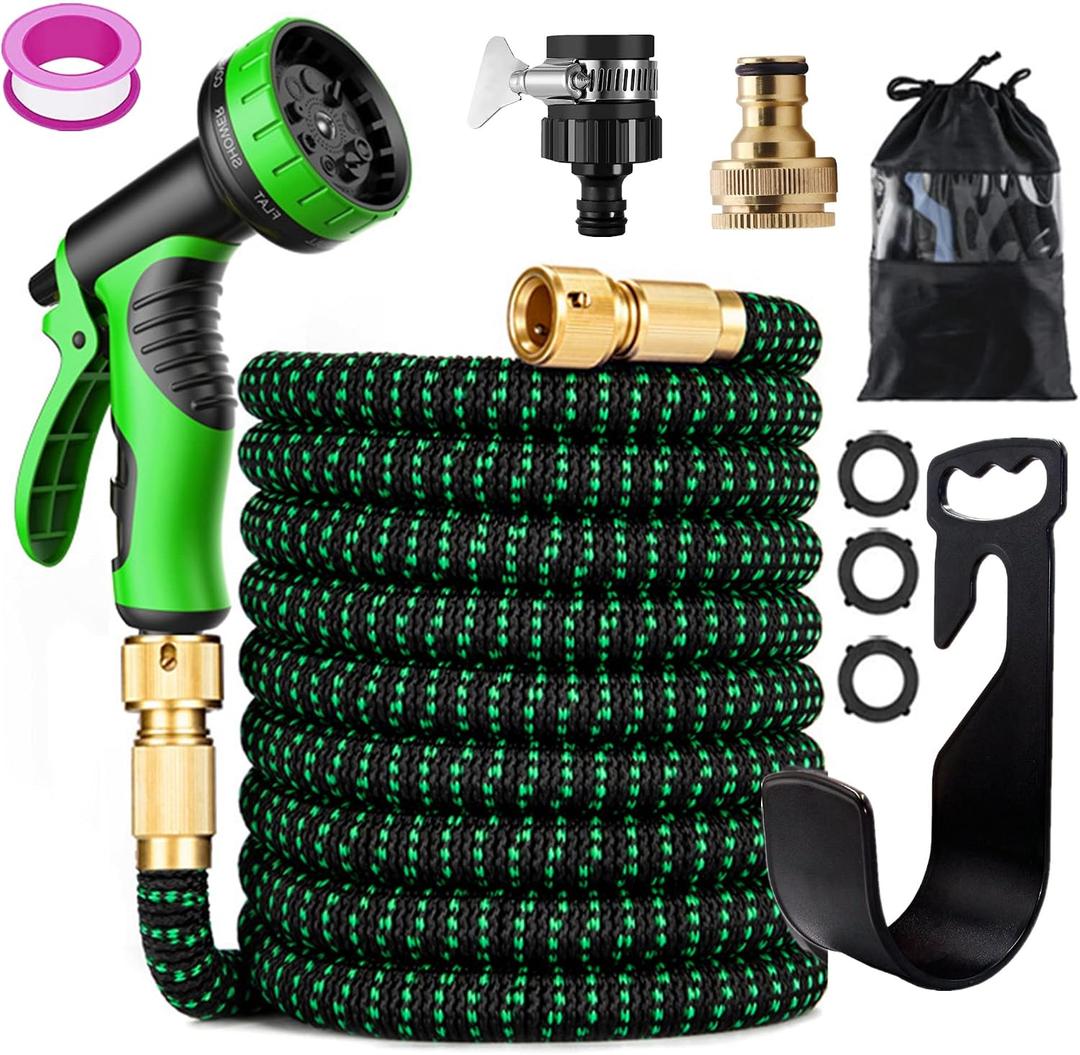 75 ft Expandable Garden Hose - Kink Free Flexible Water Hose with Thumb-Controlled 10-Function Nozzle, 3/4 Solid Brass Connectors, Retractable Latex Core - Lightweight Expanding Hose