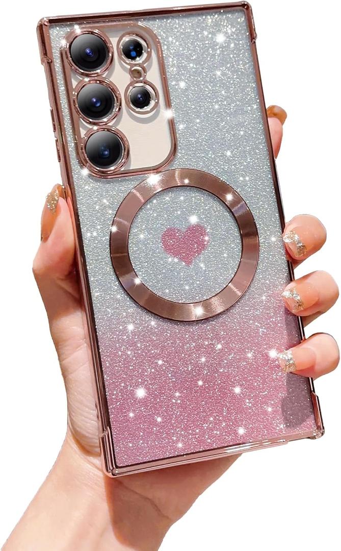 FABSPARK for Samsung Galaxy S25 Ultra Phone Case,Compatible with Magsafe,Magnetic Plating Glitter Gradient Cute Heart Clear Case,Camera Protection for Samsung Galaxy S25 Ultra,Pink
