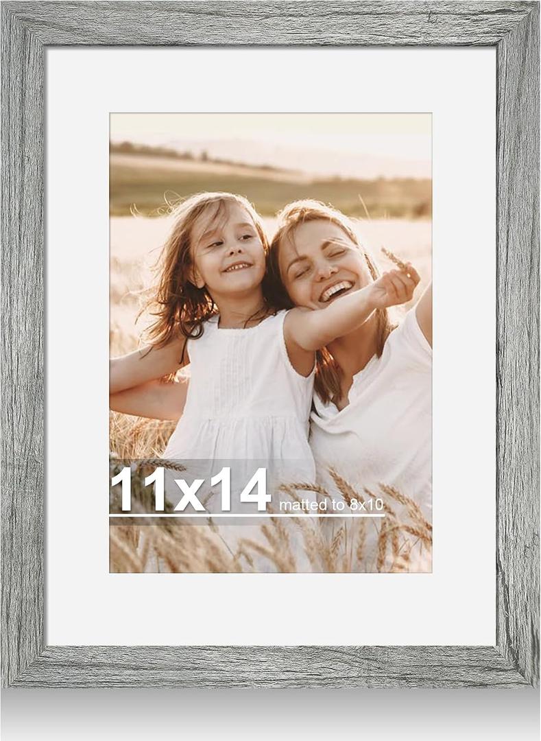 Hongkee 11x14 Picture Frame with Real Glass - 8x10 Wooden Frame with Mat, Horizontal and Vertical Display for Wall or Tabletop (Grey, 1 Pack)