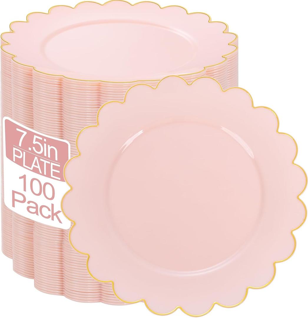 LIYH 100 Pcs 7.5" Pink Plastic Plates with Gold Disposable Pink Dessert Plates Gold Plastic Plate,Baby Shower Plate Set Suitable for Weddings Bridal Showers Afternoon Tea Mothers Day