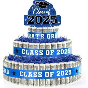 2025 Graduation Gifts for Class of 2025 Party Decorations,3 Tier Blue Congrats Grad Cake Filled with Cash Money for College High School Graduation Funny Money Gifts Idea and Party Supplies