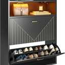 Aheaplus Shoe Cabinet with Flip Doors, Shoes Storage Organizer with Motion Sensor Led Light, Entryway Wood Freestanding Tipping Bucket Shoe Rack with Open Shelves for Closet, Living Room, Black