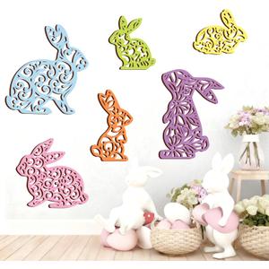 Whaline 6Pcs Easter Bunny Wooden Wall Decor Pastel Color Hollow Rabbit Shaped Wood Wall Art Sign with Hook for Home Farmhouse Spring Hanging Ornament