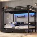 Full over Full Bunk Bed with Storage Drawers and Shelves, Metal Bunk Beds with Lights and USB Ports, Convertible Lower Bunkbed Full for Guest Room, Bedroom, Dorms, Multi-function and Noise-free, Black