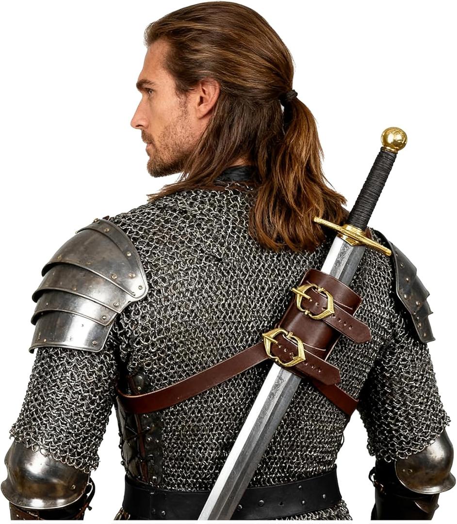 L'VOW Medieval Sword Back Holster Leather Sword Holster Shoulder Sword Frog Belt Knight Cosplay Accessory (S1-brown)