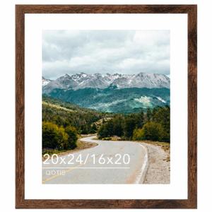 QOTIB Wood 20x24 Picture Frame with 16x20 Mat Deep Brown, Display 16x20 with Mat or 20x24 Without Mat, Wood 20 by 24 Photo Frame, 20 x 24 Frame for Wall Hanging Display, Deep Brown