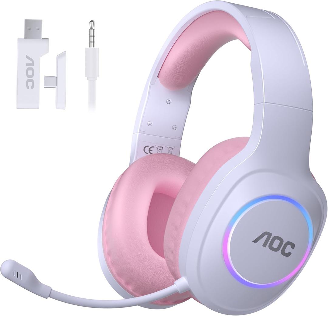 AOC Wireless Gaming Headphones with USB-C for PS5/4, Nintendo Switch, PC, Bluetooth 5.4 & 2.4GHz Gaming Headset with Noise Canceling Mic, RGB, 20ms Latency, 45H, 7.1 Virtual Surround- Pink