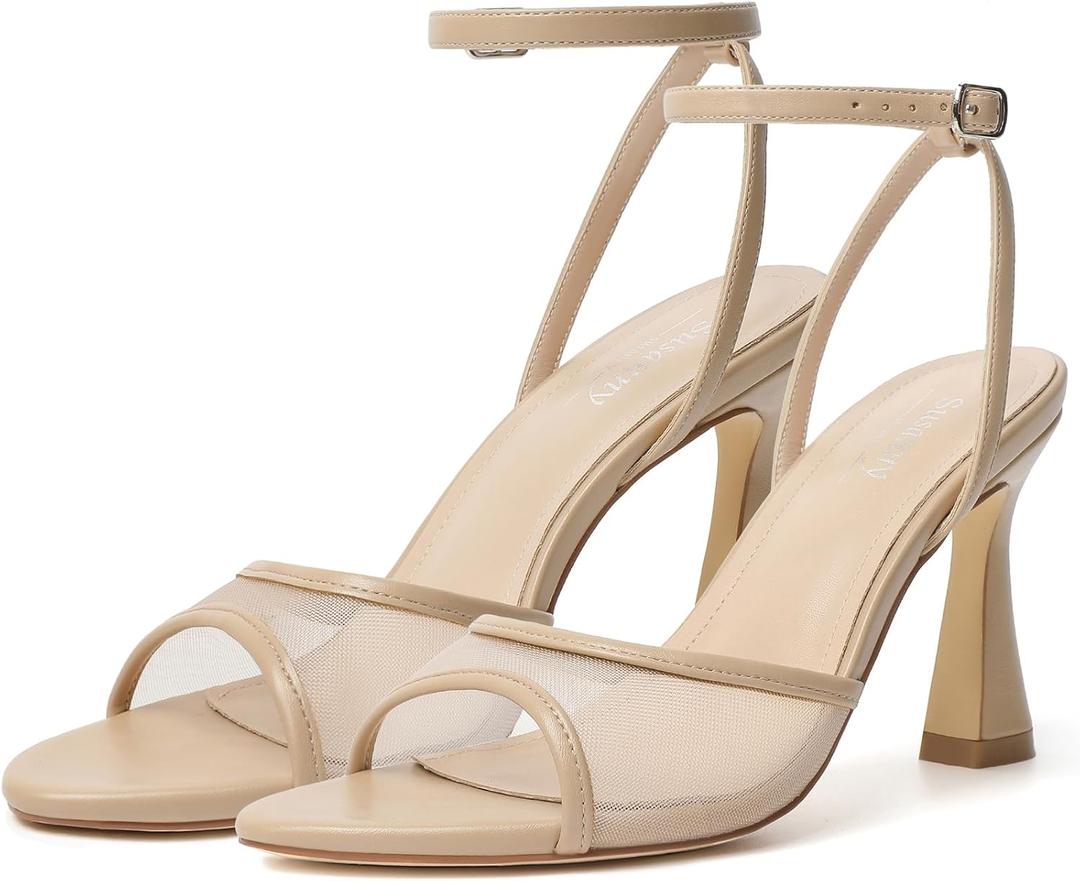 Susanny High Heels for Women Pointed Open Toe Strappy Chunky Block Heels Ankle Strap Stiletto Kitten Heeled Sandals Wedding Bridal Party Prom Sexy Dress Shoes (7.5, Nude Mesh)