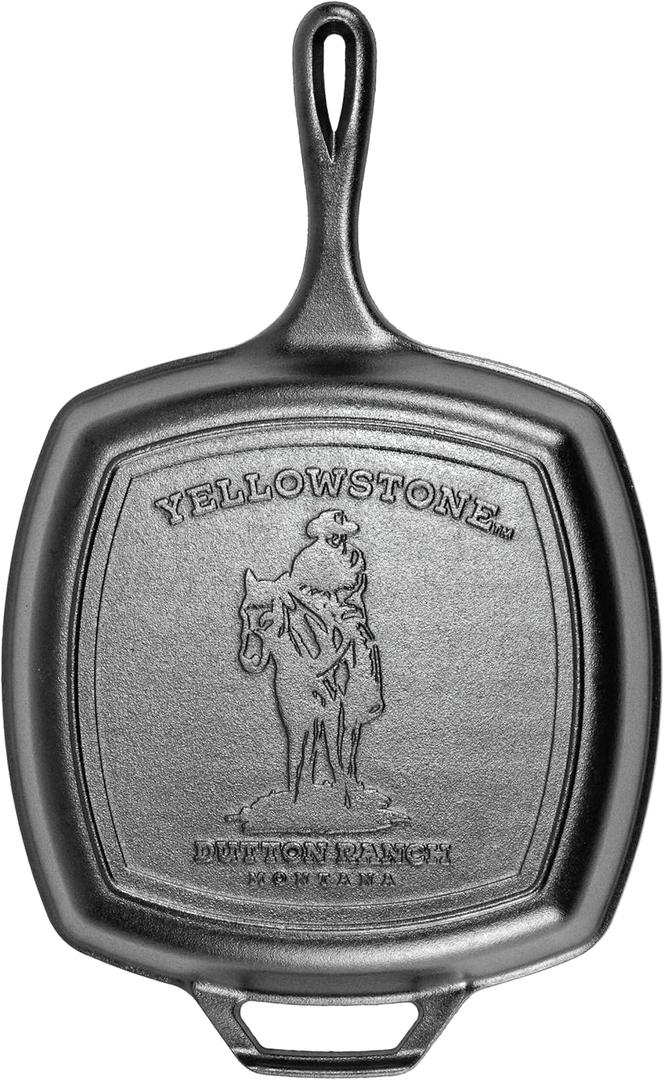 Lodge Pre-Seasoned Yellowstone Stamped Cast Iron Cookware - Signature Teardrop Handle & Assist Handle - Cowboy on Horseback 10.5 Inch Grill Pan