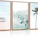 CHDITB Coastal Palm Tree Framed Wall Art, Seaside Beach Surfing Posters, 24"L x 36"W
