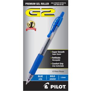 Pilot G2 Premium Gel Roller Pens, Bold Point 1 mm, Blue Ink Pens Bold Point, Pack of 12 - Ideal for School, Journaling, and Office Writing