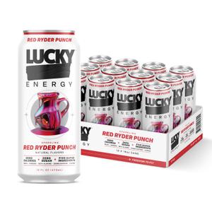 Lucky Energy Sugar Free Energy Drinks, Red Ryder Punch, 16oz Cans (12-Pack) Healthy, Zero Sugar Energy Drink with Maca, Ginseng, Beta-Alanine, Taurine & 200mg Caffeine, BB Date: 06/17/27