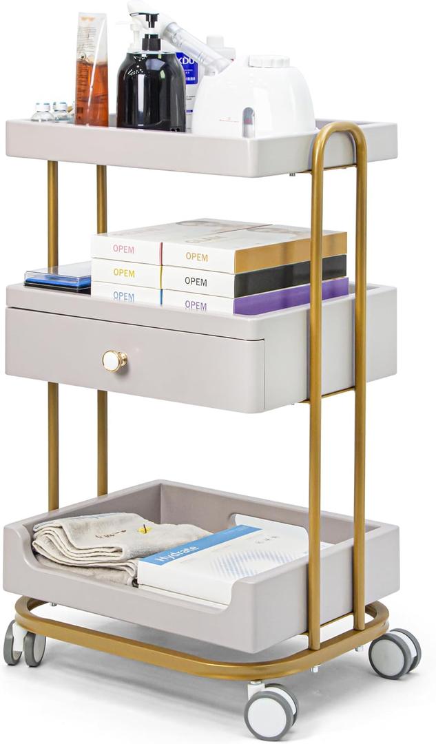 Elitzia Salon SPA Esthetician Convenient Cart Trolley 3-Tier with 360 Rotate Silent Wheels Beauty Rolling Cart for Spa Salon Equipment Trolley with Drawer Storage Esthetician Carts ETDCART2 (Grey)