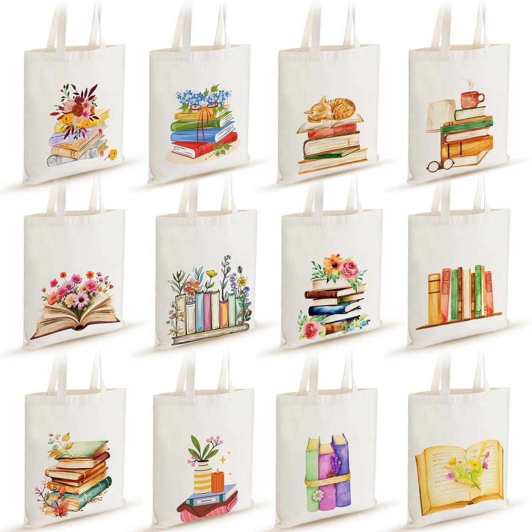 Shinylin 12 Pcs Books with Flowers Canvas Tote Bags Bulk Book Lovers Tote Bag Book Club Gift Totes for Birthday Party Teacher Mother's Day Women Gift