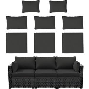 8p Outdoor Cushion Slipcovers Outdoor Patio Cushions Covers Replacement Waterproof with Zipper for 3-Seat Outdoor Rattan Sofa Patio Furniture Cushion Covers Black, Covers Only