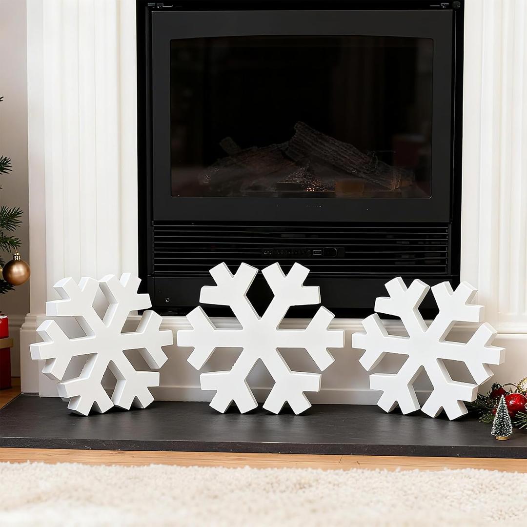 3PCS Snowflake Decor Set - Winter White Farmhouse Tabletop Decorations for Mantle, Fireplace, Shelf, and Indoor Christmas Home Decor