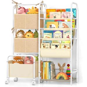 Kids Bookshelf and Toy Storage, Montessori Bookshelf, 4-Tier Baby Toddler Book Shelves, Bookshelf for Kids with Toy Storage Organizer, Book Shelf for Kids Rooms Nursery Playroom Classroom