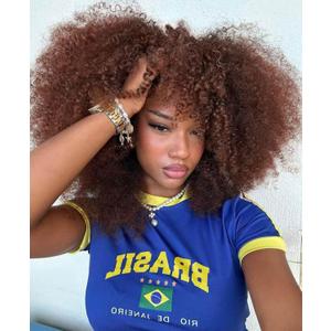 Curly Wig Afro Curly Wigs for Black Women Afro Kinky Curly Wig With Bangs Full and Fluffy Glueless Wig Synthetic Hair Replacement Wigs for Cosplay and Daily (Brown, 16inch)