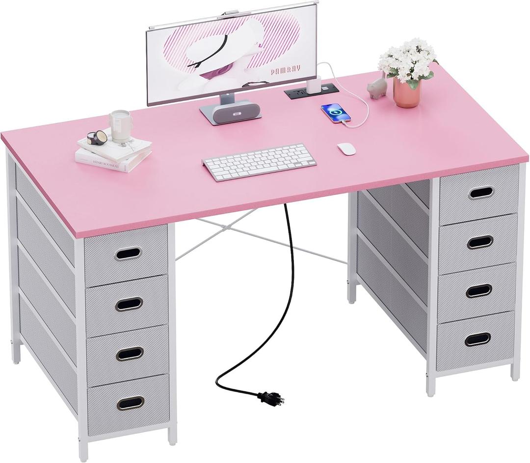 Pamray 47 Inch Computer Desk with 8 Fabric Drawers PC Gaming Desk Home Office Study Work Writing Table for Bedroom Pink