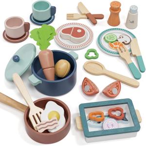 Lehoo Castle Wooden Play Kitchen Accessories, Play Pots and Pans Sets for Kids, Play Food Sets for Kids Kitchen, Montessori Food Toys for Toddlers 3-5, Gifts for Girls Boys