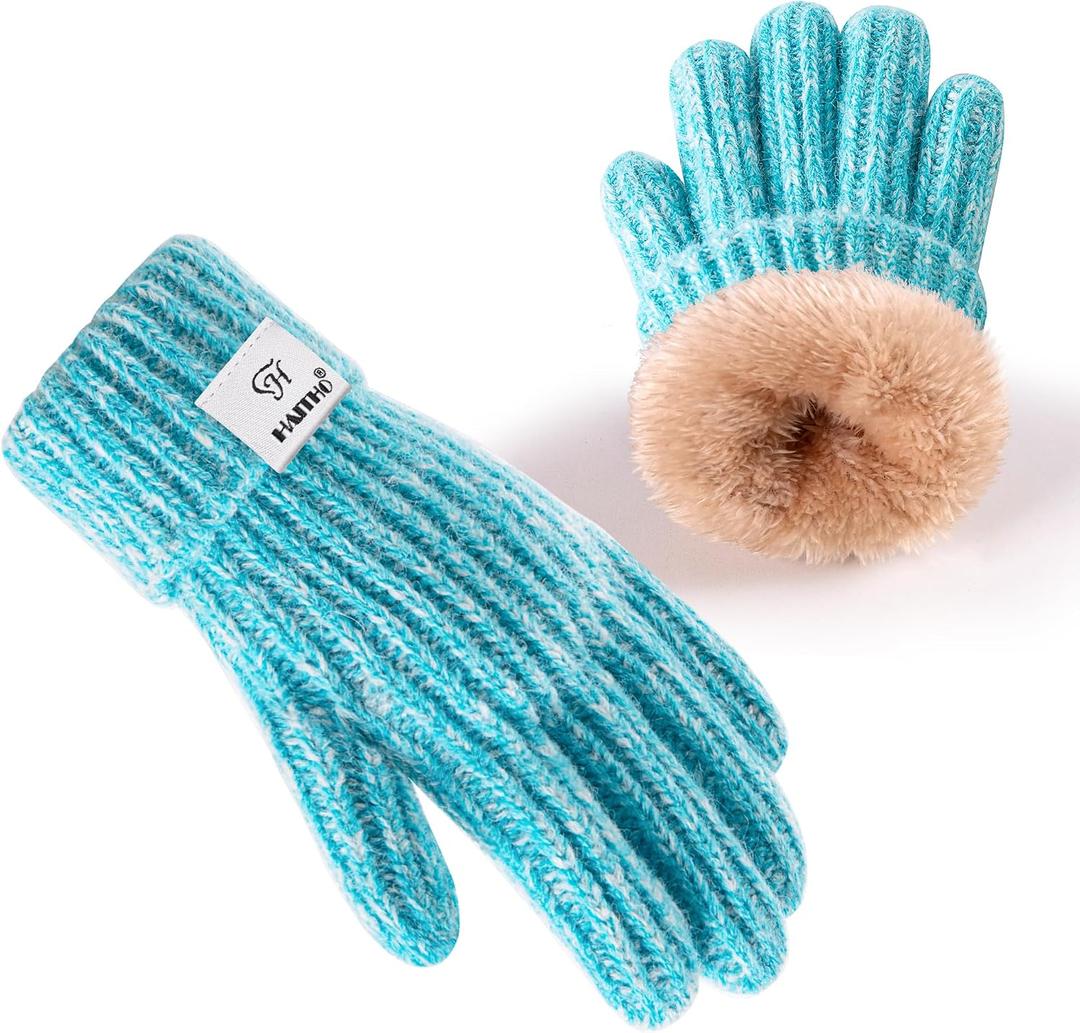 HAITHO Kids Gloves Winter for Girls Boys Cold Weather, Toddler Cute Knit Gloves with Warm Fleece Lined, Thick Thermal Double Liner Cozy Cuff Outdoor(Mix Blue)