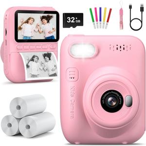 Kids Camera Instant Print -Toddler Portable Travel Print Digital Photo Camera Toy, Holiday Birthday Graduation Gift for Kid 3-12 Year Old, Photomaker Kit for 4 5 6 7 8 9 10 Boys Girls（Pink）