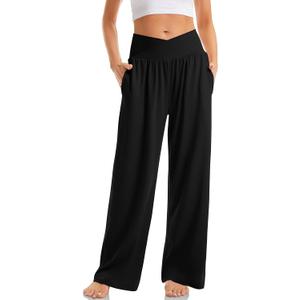 TARSE Women's Wide Leg Casual Loose Pants Yoga Sweatpants Comfy Crossover High Waisted Lounge Pajama Flowy Pants with Pockets (Black, M)