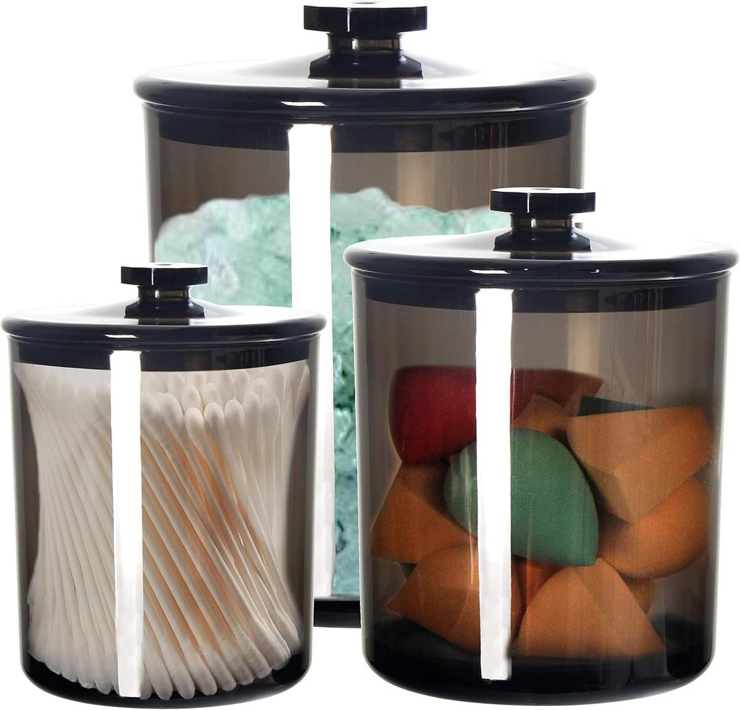 Youngever Black Plastic Apothecary Jars, Qtip Holder, Cotton Swab Holder, Bathroom Vanity Organizer for Cotton Balls, Cotton Pads, Qtips (3 Sets)