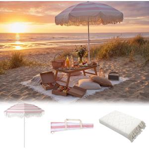 Boho Fringe Beach Umbrella with Extra Large Picnic Blanket Set, 6.5Ft UPF50+ Tassel Ruffles Umbrella 71"x 91" Picnic Blanket for Beach Wedding Bridal Shower Birthday Party Patio Lawn