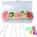 MorTime Ice Chilled Condiment Server with 5 Removable Compartments, Clear Sauce Caddy Serving Tray Container with Lid, 3 Serving Spoons & 3 Tongs Included