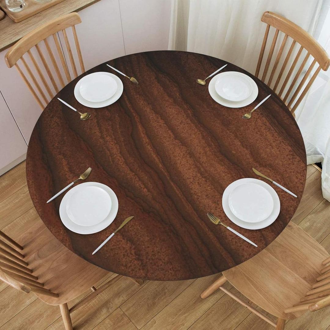 Walnut Wood Grain Round Tablecloth with Elastic Edge Table Cover Waterproof Reusable Table Cloth for Holiday Kitchen Party Patio,S(40"-44")