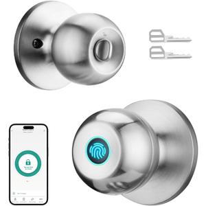 Fingerprint Door Lock, Smart Door Knob with Lock, Biometric Door Lock with App Control & Key, Keyless Door Locks for Bedrooms, Front Door, Home, Finger Print Door Knobs Satin Nickel, 1 Pack