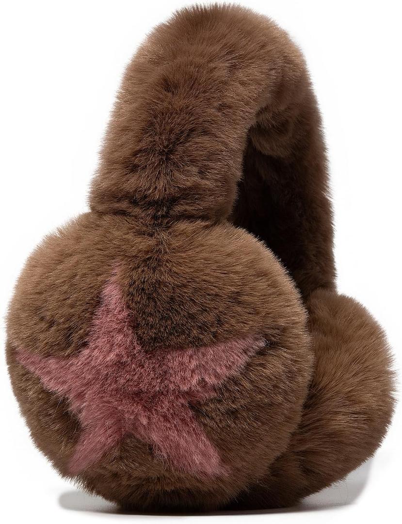 Fluffy Earmuffs for Women Chic Star Pattern Ear Covers 2025 Foldable Outdoor Ear Warmers Windproof Plush Headband (Coffee)