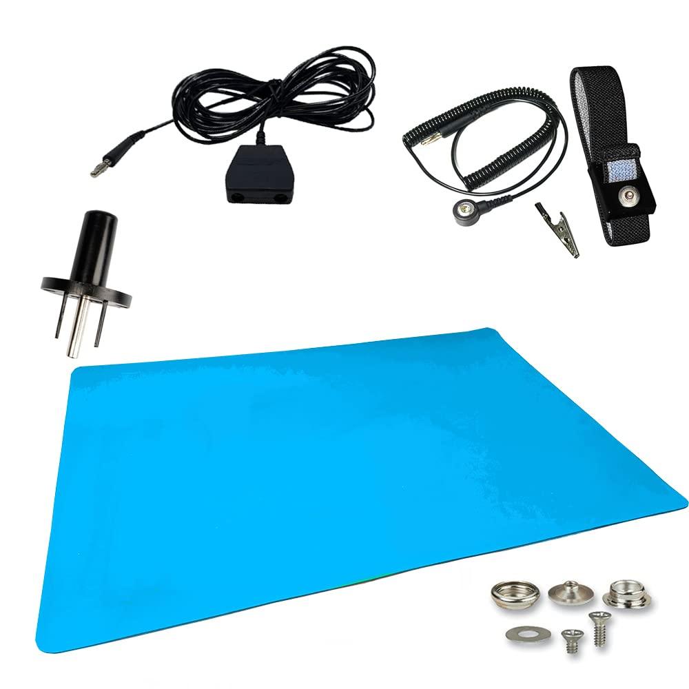ESD Compliant Mat Workstation Kit - 16"x24"x.060", Wrist Strap Set, Ground Cord, Universal Snap Kit, Easy to Use Outlet Adapter,Computer/Cellphone Repair Kit, Soldering Mat - NASA Blue