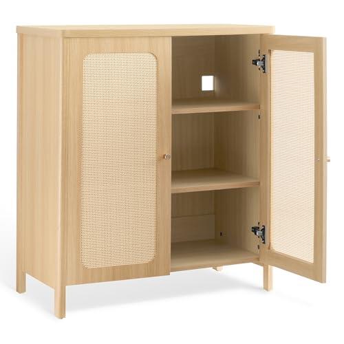 KISLOT Rattan Sideboard Buffet Cabinet 2 Door Boho Kitchen Storage Cabinet Accent Console for Living Room, Hallway, Kitchen, Sideboard, Buffet Table Natural Oak
