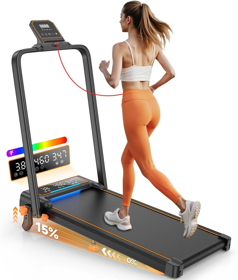 Treadmill Walking Pad with 15% Incline/Handle Bar/2 LED Display, 3.5HP Portable Treadmills for Home Small, Foldable Walking Pad Treadmill 350+lb Capacity, Smart App, 4 Adjustable Incline, RGB Light
